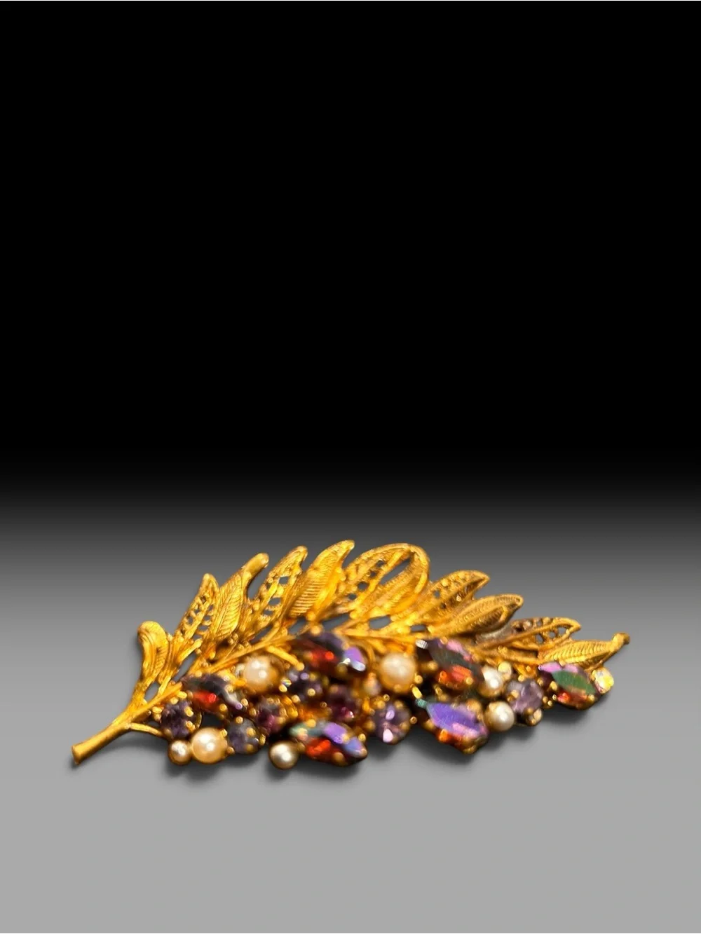 Vintage Gold Leaf Multicolor Crystal & Pearl Brooch Evening